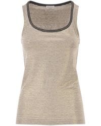 Brunello Cucinelli - Linen Striped Crew Neck Top With Contrasting Trim And Necklace - Lyst