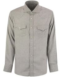 Brunello Cucinelli - Stretch Cotton Chevron Flannel Easy Fit Shirt With Snap Buttons, Epaulettes And Pockets - Lyst