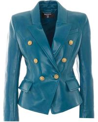 Balmain - Double Breasted Buttons Leather Jacket - Lyst