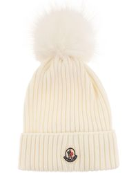 Moncler - Virgin Wool Knitted Beanie With Faux Fur Pompom - Lyst