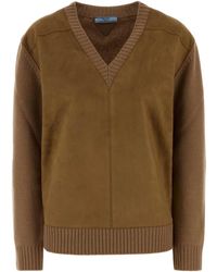 Prada - Suede-Panel V-Neck Wool Sweater - Lyst