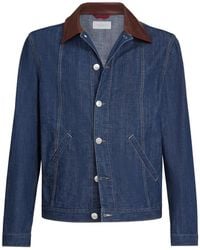 Brunello Cucinelli - Lightweight Denim Jacket With Leather Collar - Lyst