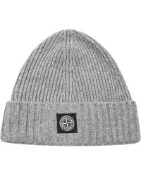 Stone Island - Beanie With Compass Patch Ribbed Wool Cashmere - Lyst