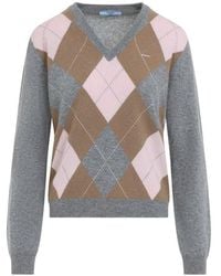 Prada - Grigio Cammello Argyle V-Neck Sweater - Lyst