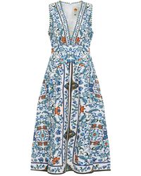 FARM Rio Delicate Flower Arabesques Linen Midi Dress in Yellow | Lyst