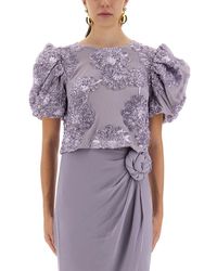 ROTATE BIRGER CHRISTENSEN - 3D Floral Mesh Top With Voluminous Puff Sleeves - Lyst