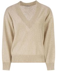 Brunello Cucinelli - V-Neck Linen And Cotton Jumper With Sequins And Long Sleeves - Lyst