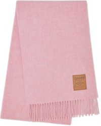 Ganni - Fringed Scarf With Logo Patch - Lyst