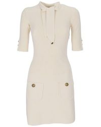 Elisabetta Franchi - Knitted Mini Dress Featuring Shiny Logo Jewel Buttons And A Removable Scarf - Lyst