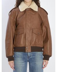 Saint Laurent - Leather Bomber Jacket With Shearling Collar - Lyst