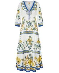 FARM Rio - Floral Print Midi Dress With V-Neck Drawstring And Wide Three-Quarter Sleeves - Lyst