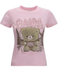 Ganni - Teddy Forest Baby Fit Cotton T-Shirt Chalk - Lyst
