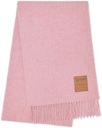 Ganni - Fringed Scarf With Logo Patch - Lyst