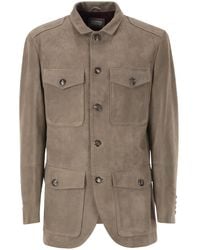Brunello Cucinelli - Suede Leather Safari Jacket With Patch Pockets - Lyst