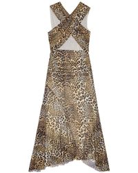 Ganni Leopard-print Linen-silk Blend Midi Dress in Brown | Lyst