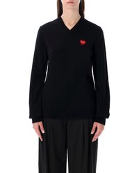 COMME DES GARÇONS PLAY - Wool V-Neck Sweater With Heart And Crystals - Lyst