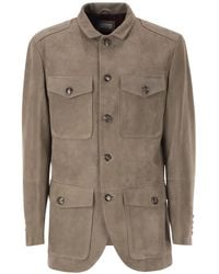 Brunello Cucinelli - Suede Leather Safari Jacket With Patch Pockets - Lyst