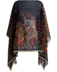 Etro - Silk Poncho Top With Placed Floral Paisley Print - Lyst