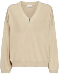 Brunello Cucinelli - Cotton Rib Sweater With Shiny Detail - Lyst