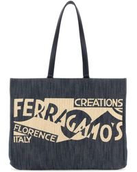 Ferragamo - Ferragamo Logo Large Denim & Leather Tote - Lyst