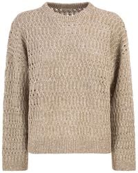 Brunello Cucinelli - Linen Openwork Crew Neck Jumper With Sequins - Lyst
