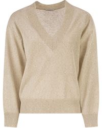 Brunello Cucinelli - V-Neck Linen And Cotton Jumper With Sequins And Long Sleeves - Lyst