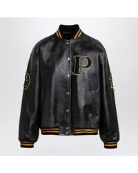 Prada - Vintage Leather Bomber Jacket With Patch Detail - Lyst