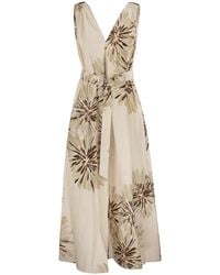 Brunello Cucinelli - Long Cotton Dress With Floral Print And Matching Belt - Lyst