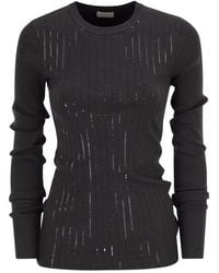 Brunello Cucinelli - Cotton Jersey T-Shirt With Dazzling Chalk Stripe Embroidery - Lyst