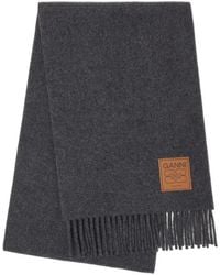 Ganni - Fringed Scarf With Logo Patch - Lyst