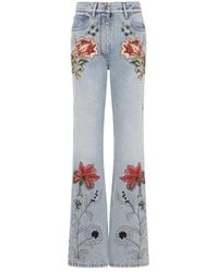 Valentino - Light Wash Denim Cotton Embroidered Flowers 5 Pockets Jeans - Lyst