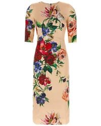 Dolce & Gabbana - Floral Print Stretch Viscose Charmeuse Midi Dress - Lyst