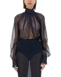 Saint Laurent - Silk Turtleneck Blouse With Gathered Neckline - Lyst