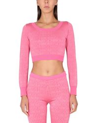 Moschino - Cropped Pullover With Allover Logo Pattern - Lyst