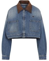 Prada - Cropped Denim Jacket With Contrasting Leather Coll - Lyst