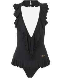 Chloé - V-Neck Swimsuit With Ruffle Edges And Logo Detail - Lyst