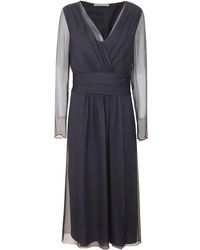 Alberta Ferretti - Midi Dress With Deep V-Neckline And Sheer Sleeves - Lyst