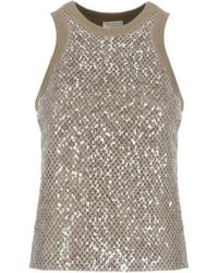 Brunello Cucinelli - Sleeveless Cotton Top With Sequins Accents - Lyst