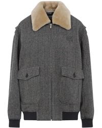 Miu Miu - Shearling-Collared Jacket With Classic Check - Lyst