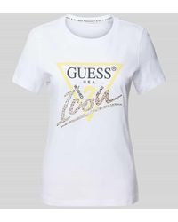 Guess - T-Shirt mit Label-Print und Ziersteinbesatz - Lyst