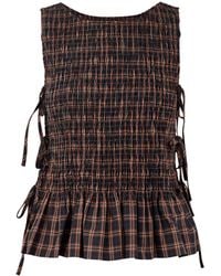 Ganni - Check Smocked Tie Tank Top - Lyst