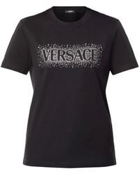 Versace - Women's T-shirt Logo With Crystal Embroidery Yd Cotton Jersey - Lyst