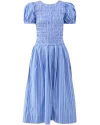 Ganni - Stripe Smocked Pleated Midi Dress - Lyst