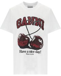 Ganni - T-shirt relaxed cherry bianca - Lyst