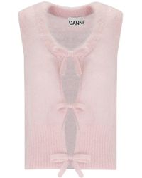 Ganni - Pink Sleeveless Cardigan With Bows - Lyst