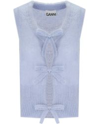 Ganni - Hellblauer ärmelloser cardigan mit schleifen - Lyst