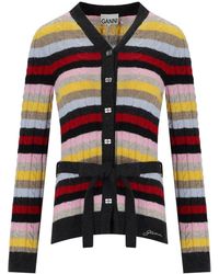 Ganni - Striped Cardigan With Belt - Lyst