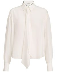 Brunello Cucinelli - Silk Crepe De Chine Shirt With Tie And Shiny Collar - Lyst