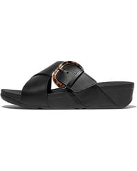 Fitflop - Women Lulu Resin-buckle Leather Cross Slides, Markdown - Lyst