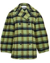 Ganni - Brushed Wool Check Teddy Coat - Lyst
